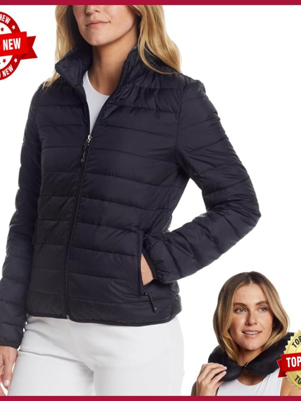 Packable Puffer Jacket with Neck Pillow Feature, Lightweight Down Alternative